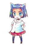  &gt;:) :3 akr_et animal_ears bad_id bad_pixiv_id blue_eyes blue_hair cat_ears chibi green_eyes hair_ornament hairclip hands_on_hips ikeda_kana kazekoshi_school_uniform lowres multicolored multicolored_eyes open_mouth saki school_uniform serafuku short_hair short_sleeves simple_background skirt smile solo standing v-shaped_eyebrows 