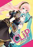  aqua_eyes blue_eyes cover cover_page detached_sleeves hatsune_miku hijiki_(hijikini) hug long_hair megurine_luka multiple_girls necktie one_eye_closed pink_hair skirt smile thighhighs twintails very_long_hair vocaloid yuri 