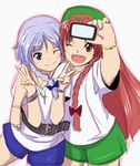  ;) ;d braid camera contemporary double_v face gustav_(telomere_na) hong_meiling izayoi_sakuya jewelry knife long_hair multiple_girls necklace one_eye_closed open_mouth red_eyes red_hair short_hair shorts silver_hair smile touhou twin_braids v 
