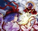  bad_id blue_hair blue_sky cloud electricity floating flying hat konayama_kata multiple_girls nagae_iku purple_hair red_eyes rope sandals shide shimenawa short_hair sky touhou yasaka_kanako 