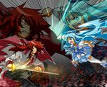  1girl battle blue_choker blue_eyes blue_hair blue_skirt bow brooch cape choker clover cure_marine duel hair_bow heartcatch_precure! jewelry kumojacky kurumi_erika long_hair magical_girl precure red_eyes red_hair shirakawa_(whitemist) skirt sword thighhighs weapon zettai_ryouiki zoom_layer 