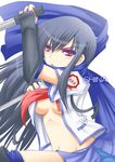  amamiya_kouga angel_beats! blue_hair breasts medium_breasts no_bra scarf school_uniform serafuku shiina_(angel_beats!) solo sword weapon 
