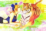  animal bad_id bad_pixiv_id bare_shoulders blonde_hair blue_hair braid closed_eyes double_bun heart imminent_kiss jojo_no_kimyou_na_bouken kuujou_jolyne multicolored_hair nerpris ponytail solo stone_ocean tiger two-tone_hair 