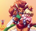  1boy 2girls age_difference blonde_hair blue_eyes bowser breasts child collar crossdressing crown dress genderswap hat horns large_breasts long_hair mario mario_(series) multiple_girls nintendo open_mouth princess_peach red_eyes short_hair super_mario super_mario_bros. thighhighs tongue trap 