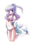  bikini coat kneeling long_hair mizunamidori original ponytail purple_eyes purple_hair solo swimsuit 