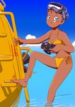  bad_id bad_pixiv_id barefoot bikini blue_eyes blush_stickers camera dark_skin diving_mask hajikko purple_hair solo submarine swimsuit tan water watercraft 