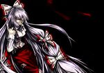  bow colorized dark fire fujiwara_no_mokou grin hair_bow hair_ribbon kamata_yuuya long_hair page red_eyes ribbon silver_hair smile solo suspenders touhou very_long_hair yellow_eyes 