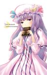  book character_name copyright_name crescent hat hyuuga_azuri long_hair patchouli_knowledge purple_eyes purple_hair solo touhou 