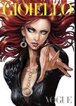  bodysuit breasts cleavage cover earrings eyelashes fake_cover fashion fingernails floating_hair foreshortening green_eyes hands italian jean_grey jewelry leather long_fingernails long_hair marvel medium_breasts necklace outstretched_hand parted_lips red_hair sana_takeda simple_background solo superhero unzipped upper_body white_background x-men 