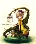  ashisu bad_id bad_pixiv_id barefoot birdcage bug butterfly cage earrings flower grey_hair insect jewelry long_sleeves pixiv_fantasia pixiv_fantasia_4 solo tree water 