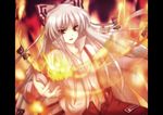  bad_id bad_pixiv_id fire fujiwara_no_mokou hair_ribbon long_hair navel pillarboxed popped_collar ribbon shirt solo touhou uka_(color_noise) white_shirt 