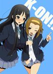  akiyama_mio arm_holding black_eyes black_hair blazer blush brown_eyes brown_hair jacket judy_(artist) k-on! long_hair multiple_girls one_eye_closed pointing school_uniform short_hair tainaka_ritsu 