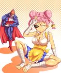  1girl apron bandages boots bowing braid breasts capcom cape cleavage company_connection crossover demitri_maximoff double_bun eyepatch genderswap genderswap_(mtf) hair_ornament hairpin hand_on_head large_breasts maid midnight_bliss muscle orange_hair pink_hair sagat sagattoru scar shorts sitting smirk street_fighter sweat sweatdrop twin_braids vampire_(game) white_eyes 