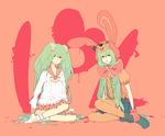  animal_ears animal_hat aqua_eyes aqua_hair bad_id bad_pixiv_id bonnet bunny_ears clone gloves hat hatsune_miku highres long_hair lots_of_laugh_(vocaloid) marui_happa multiple_girls sitting skirt thighhighs twintails very_long_hair vocaloid 