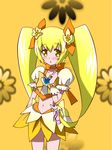  1girl brooch cure_sunshine heartcatch_precure! heartcatch_pretty_cure! highres jewelry magical_girl midriff miniskirt myoudouin_itsuki navel precure pretty_cure skirt solo twintails 