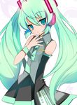  bad_id bad_pixiv_id banned_artist detached_sleeves green_eyes green_hair hatsune_miku highres long_hair necktie simple_background skirt solo tetsubuta twintails vocaloid 