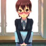  blush book brown_eyes brown_hair glasses highres k-on! koumo manabe_nodoka red-framed_eyewear school_uniform semi-rimless_eyewear short_hair solo under-rim_eyewear 