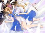  aa_megami-sama bad_id bad_pixiv_id barefoot belldandy brown_hair closed_eyes earrings facial_mark feathers forehead_mark goddess jewelry legs long_hair lying ponytail solo touniyuu_purin 