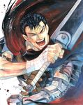  agahari armor bandages berserk black_hair cape dragonslayer_(sword) guts huge_weapon male_focus one_eye_closed open_mouth solo sword weapon 