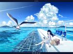  amemura_(caramelo) barefoot bench bird black_eyes black_hair cat cloud condensation_trail day dress fish hat legs letterboxed long_hair ocean original railroad_tracks sea_train seagull sitting sky soaking_feet solo suitcase train_station water 