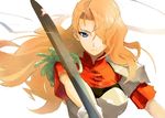  1girl armor blonde_hair blue_eyes breasts female gensou_suikoden gensou_suikoden_i gensou_suikoden_ii hair_over_one_eye long_hair solo suikoden suikoden_i suikoden_ii sword valeria_(suikoden) weapon white_background xyh 
