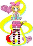  alternate_costume blonde_hair blue_eyes frills guitar heart instrument kagamine_rin short_hair solo standing star striped striped_legwear taki_(vocalfan) thighhighs treble_clef vocaloid 