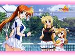  bangs blonde_hair blush brown_hair fate_testarossa green_eyes hair_ornament hair_ribbon heterochromia lyrical_nanoha mahou_shoujo_lyrical_nanoha_strikers multiple_girls panties pantyshot purple_eyes red_eyes ribbon side_ponytail skirt smile takamachi_nanoha underwear vivio wallpaper 