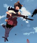  animal_ears bayonet brown_eyes brown_hair cloud day flying gun highres japanese_clothes katou_keiko open_mouth propeller rifle scarf shibafu_(glock23) short_hair sky solo striker_unit tail uniform weapon world_witches_series 