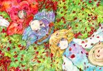  blonde_hair blue_eyes conose flower grass hat highres lying moriya_suwako multiple_girls purple_eyes purple_hair rope touhou traditional_media watercolor_(medium) yasaka_kanako 