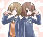  :d bangs blazer blue_jacket blue_ribbon blue_skirt brown_eyes brown_hair buttons extra eyebrows_visible_through_hair hair_ornament hair_over_one_eye hairclip hirasawa_yui jacket k-on! kinoshita_shizuka kugelschreiber light_brown_eyes light_brown_hair long_sleeves multiple_girls open_blazer open_clothes open_jacket open_mouth orange_sweater pocket ribbon school_uniform skirt smile sweater swept_bangs upper_body v_over_eye 