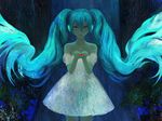  aqua_eyes aqua_hair dark dress glowing hatsune_miku kami_no_namae_ni_ochiru_mono_(vocaloid) long_hair matayoshi md5_mismatch petals short_dress skirt solo tree twintails very_long_hair vocaloid white_skirt 