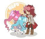  2girls anger_vein angry blue_hair blue_skirt boots bow chibi coat cure_blossom cure_marine hanasaki_tsubomi heartcatch_precure! knee_boots kumojacky kurumi_erika laughing long_hair magical_girl multiple_girls overcoat pink_bow pink_hair precure red_hair shirakawa_(whitemist) skirt 