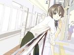  bad_id bad_pixiv_id brown_eyes brown_hair ground_vehicle long_hair original railing shuku solo train train_station 