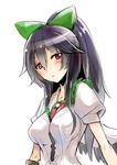  :&lt; black_hair blush bow breasts green_bow hair_bow impossible_clothes impossible_shirt large_breasts long_hair looking_at_viewer no_nose ponytail red_eyes reiuji_utsuho shirt simple_background solo tamon_ketsuyuki taut_clothes taut_shirt touhou upper_body 