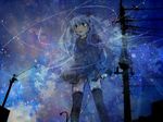  abstract black_legwear blue_hair blush coat green_eyes hatsune_miku long_hair mayonaka_niji_sugi night night_sky power_lines skirt sky solo telephone_pole thighhighs twintails vocaloid zettai_ryouiki 