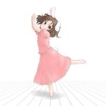  abekawa animal_ears barefoot black_eyes brown_hair bunny_ears bunny_tail dancing hands_together inaba_tewi looking_at_viewer own_hands_together pose skirt skirt_set solo tail touhou 