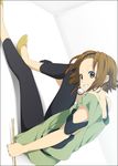  black_legwear brown_eyes brown_hair drumsticks grin k-on! leggings listen!! mizuki_makoto sitting smile solo strap_slip tainaka_ritsu 