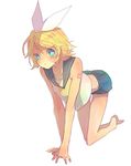  all_fours aqua_eyes bad_id bad_pixiv_id barefoot blonde_hair full_body hair_ribbon kagamine_rin ribbon short_hair shorts simple_background solo vocaloid watazaki_(mushipan) 