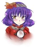  aku_(dejigiga) bad_id bad_pixiv_id blush hair_ornament leaf leaf_hair_ornament mirror purple_hair short_hair solo touhou yasaka_kanako yellow_eyes 