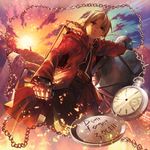  alphonse_elric armor bad_id bad_pixiv_id blonde_hair braid brothers chain edward_elric epic full_armor fullmetal_alchemist long_hair pocket_watch ritttz siblings sky sunset tombstone watch yellow_eyes 