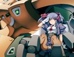  blue_eyes blue_hair gloves hair_ribbon mecha mio_sasuga necktie one_eye_closed panties panties_under_pantyhose pantyhose pantyshot ribbon salute smile super_robot_wars super_robot_wars_the_lord_of_elemental tabigarasu twintails underwear upskirt zamzeed 