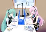  book cake cup food fork hatsune_miku headphones holographic_interface holographic_monitor jajanuba long_hair megurine_luka microphone monitor multiple_girls necktie paper pastry pixiv pointing radio_booth studio_microphone teacup twintails vocaloid 