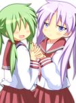  :&lt; blue_eyes frown green_hair highres hiiragi_kagami holding_hands lucky_star mai_(t-5) multiple_girls no_eyes purple_hair ryouou_school_uniform school_uniform serafuku transparent_background twintails yamanobe_tamaki 