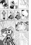  blush chin_grab comic dancing electrocution eye_contact face-to-face food frills fruit greyscale hat highres hinanawi_tenshi long_hair looking_at_another monochrome multiple_girls nagae_iku nagare_kei peach punching ribbon shawl silent_comic skeleton touhou 