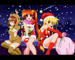  blonde_hair blush brown_hair christmas fate_testarossa gloves lyrical_nanoha mahou_shoujo_lyrical_nanoha_strikers multiple_girls purple_eyes red_eyes shooting_star short_twintails side_ponytail smile takamachi_nanoha thighhighs twintails yagami_hayate 