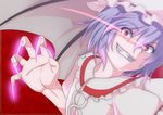  bat_wings claws fang glowing glowing_eyes grin hat kupala lavender_hair md5_mismatch motion_blur red_eyes remilia_scarlet short_hair smile solo touhou wings 