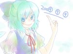  1girl 2009 bad_id bad_pixiv_id blue_eyes blue_hair cirno jun_(kyurisin) pointing ribbon smile solo touhou wallpaper 