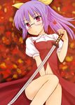  bespectacled bottomless glasses hair_ribbon katana kazami_ruku no_panties ribbon solo sword touhou watatsuki_no_yorihime weapon 
