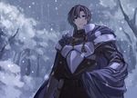  armor arthur_(bealphareth) bad_id bad_pixiv_id bealphareth cape harusame_(rueken) male_focus snow snowing solo tree 