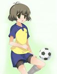  akizuki_ryou antenna_hair bad_id bad_pixiv_id ball bike_shorts brown_eyes brown_hair clothes_writing idolmaster idolmaster_dearly_stars male_focus mayachi_(amuriya) soccer_ball soccer_uniform solo sportswear telstar 